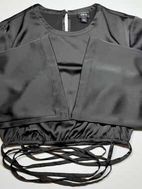 Bar III Satin Black Bell Sleeve Tie Waist Crop Top Small